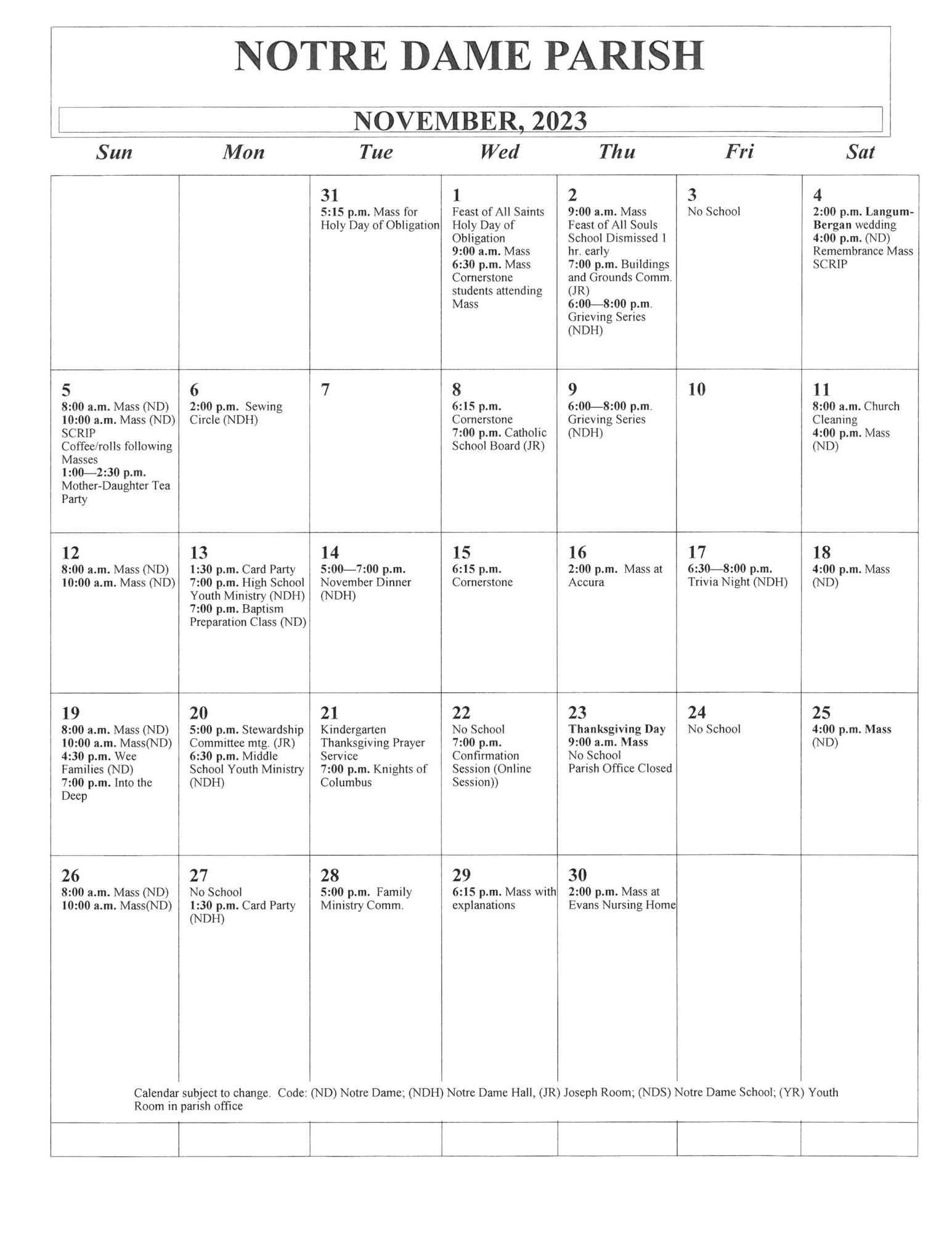 Parish Calendar Notre Dame Parish Cresco, IA